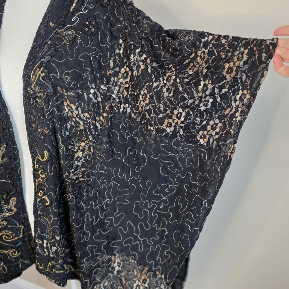 Chico's Kimono Wrap Women One Size Black Gold Embroidered Sequin Sheer Boho Chic - Picture 5 of 14